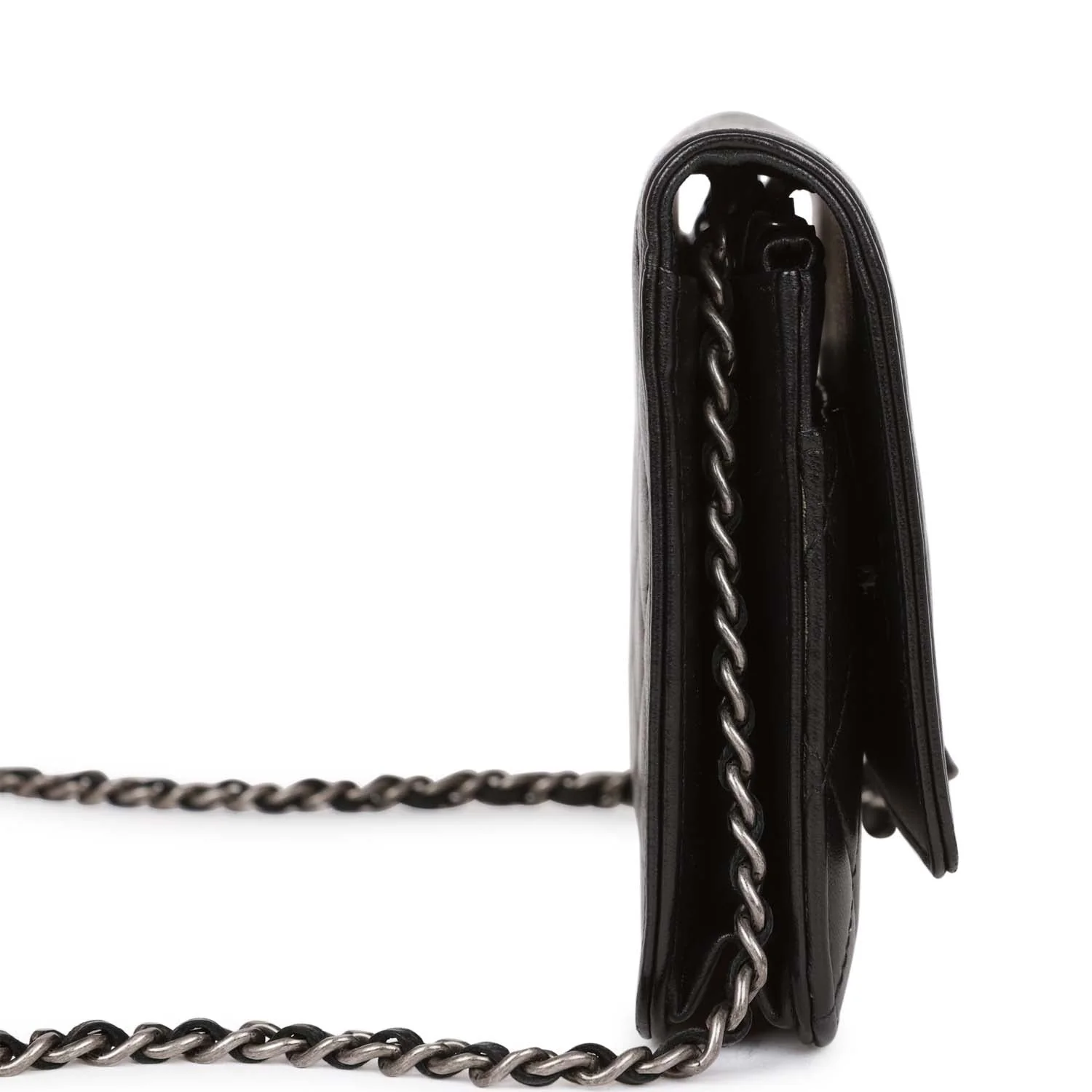 Pre-owned Chanel Wallet on Chain WOC Boy Black Lambskin Aged Silver Hardware