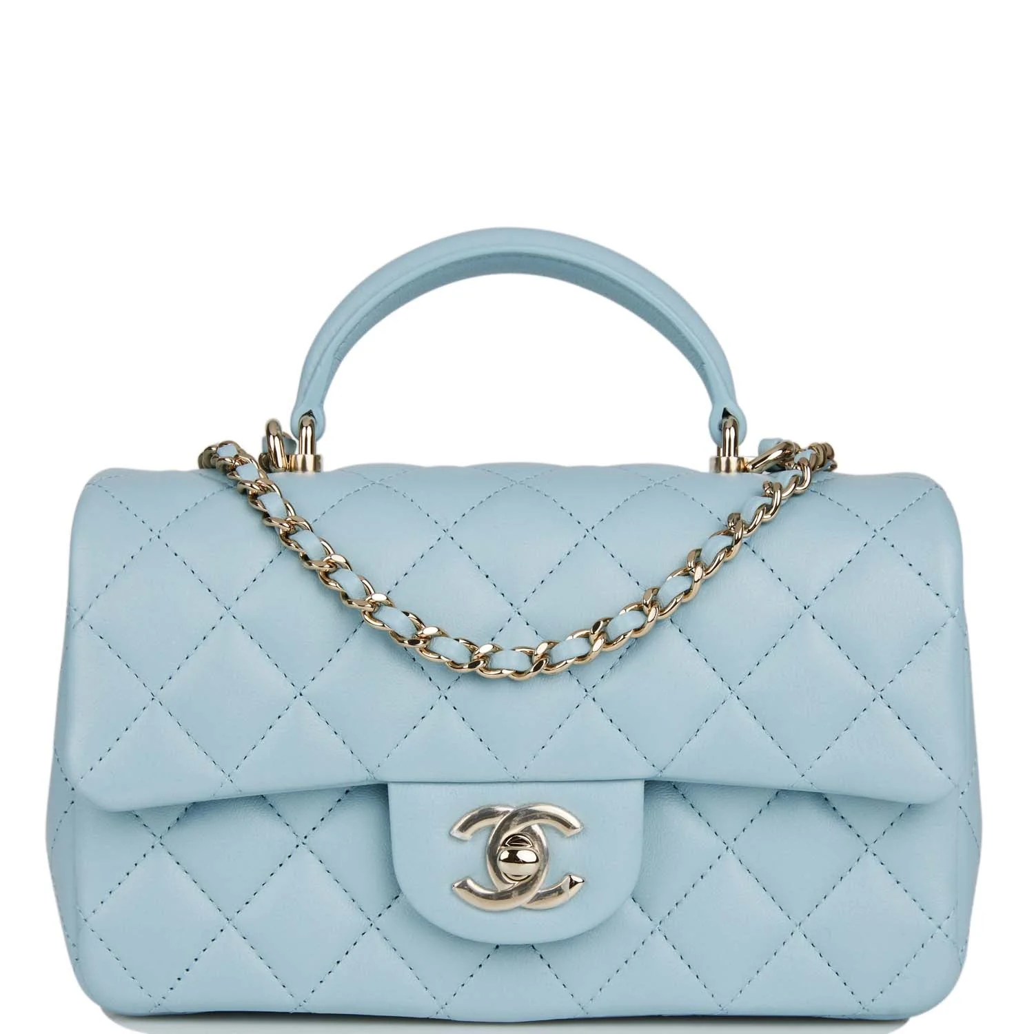 Chanel Mini Rectangular Flap with Top Handle Blue Lambskin Light Gold Hardware