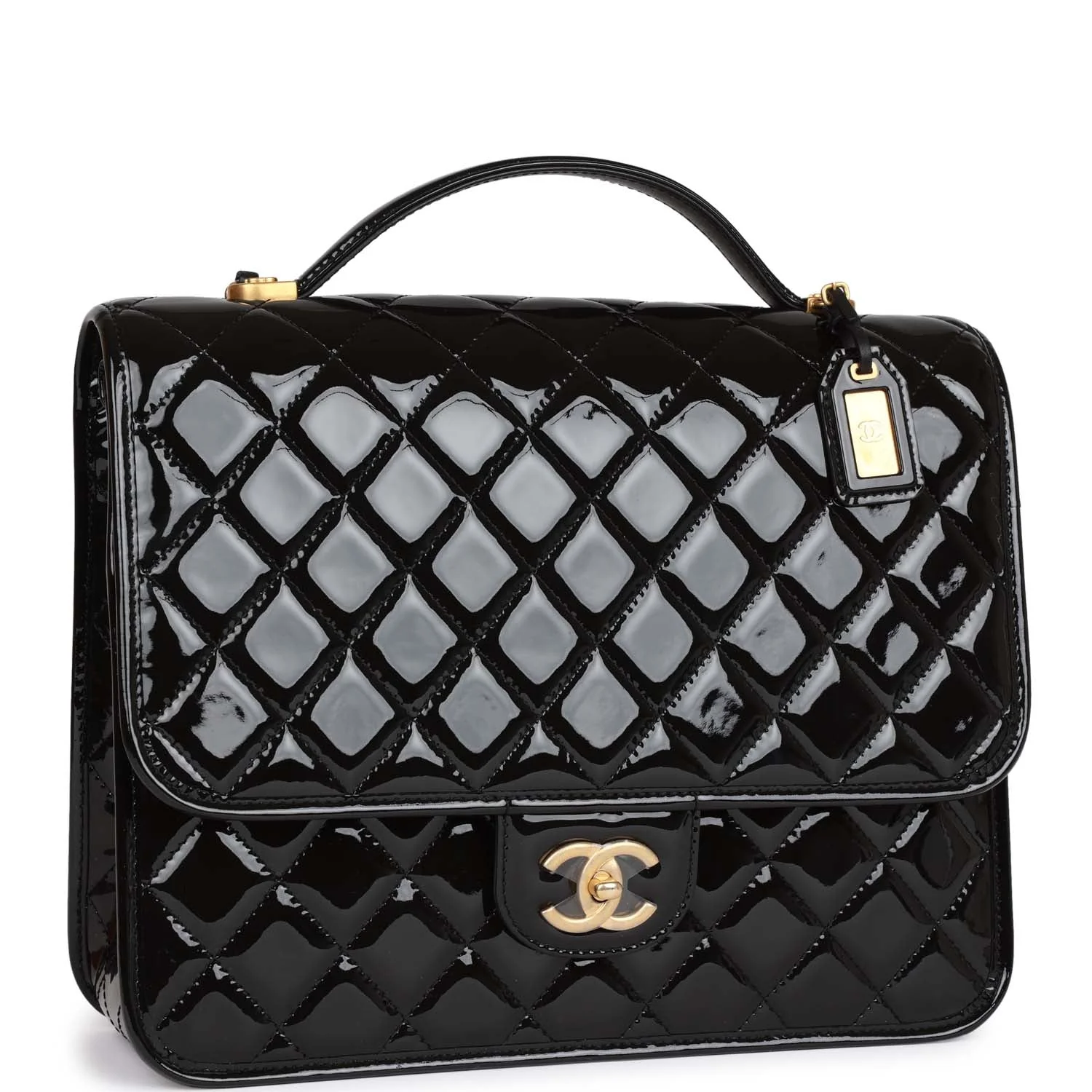 Chanel Large Flap Backpack Black Patent Antique Gold Hardware