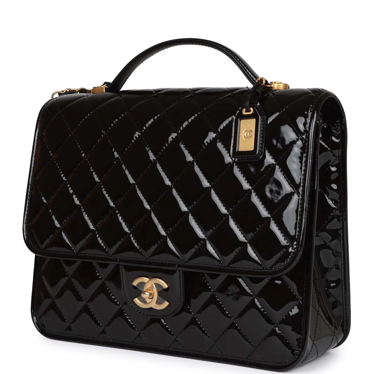 Chanel Large Flap Backpack Black Patent Antique Gold Hardware