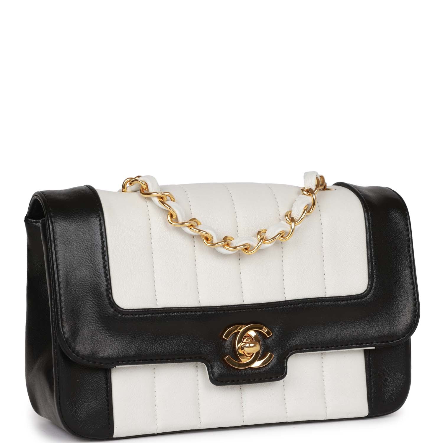 Vintage Chanel Mini Mademoiselle Bag Black and White Lambskin Gold Hardware