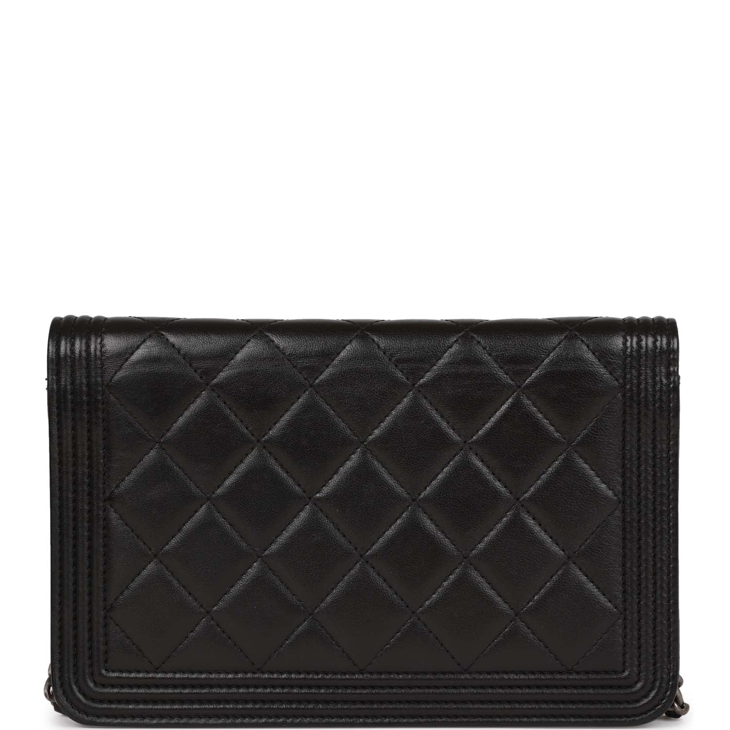 Pre-owned Chanel Wallet on Chain WOC Boy Black Lambskin Aged Silver Hardware