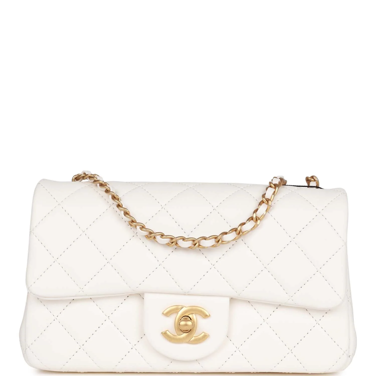 Chanel Pearl Crush Mini Rectangular Flap Bag White Lambskin Antique Gold Hardware
