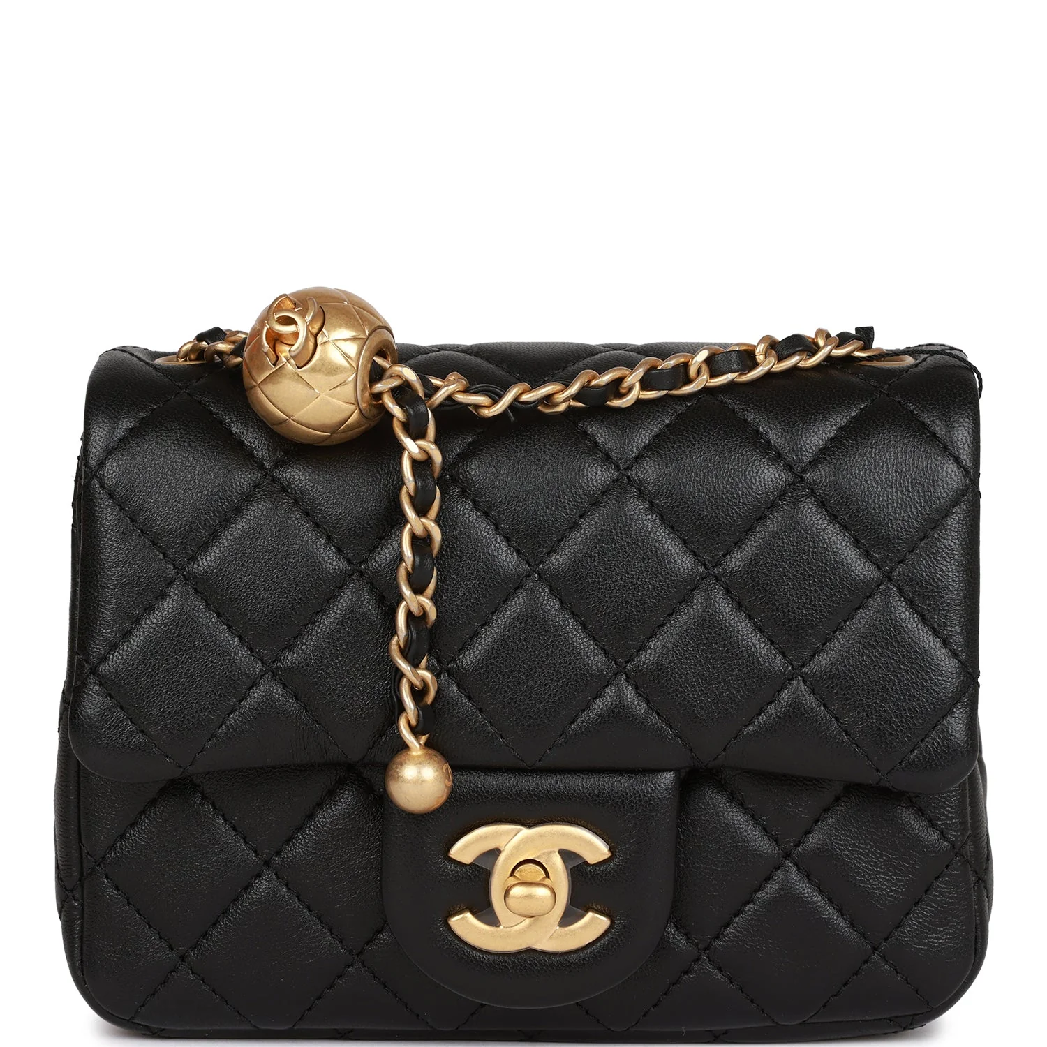 Chanel Pearl Crush Mini Square Flap Bag Black Lambskin Antique Gold Hardware