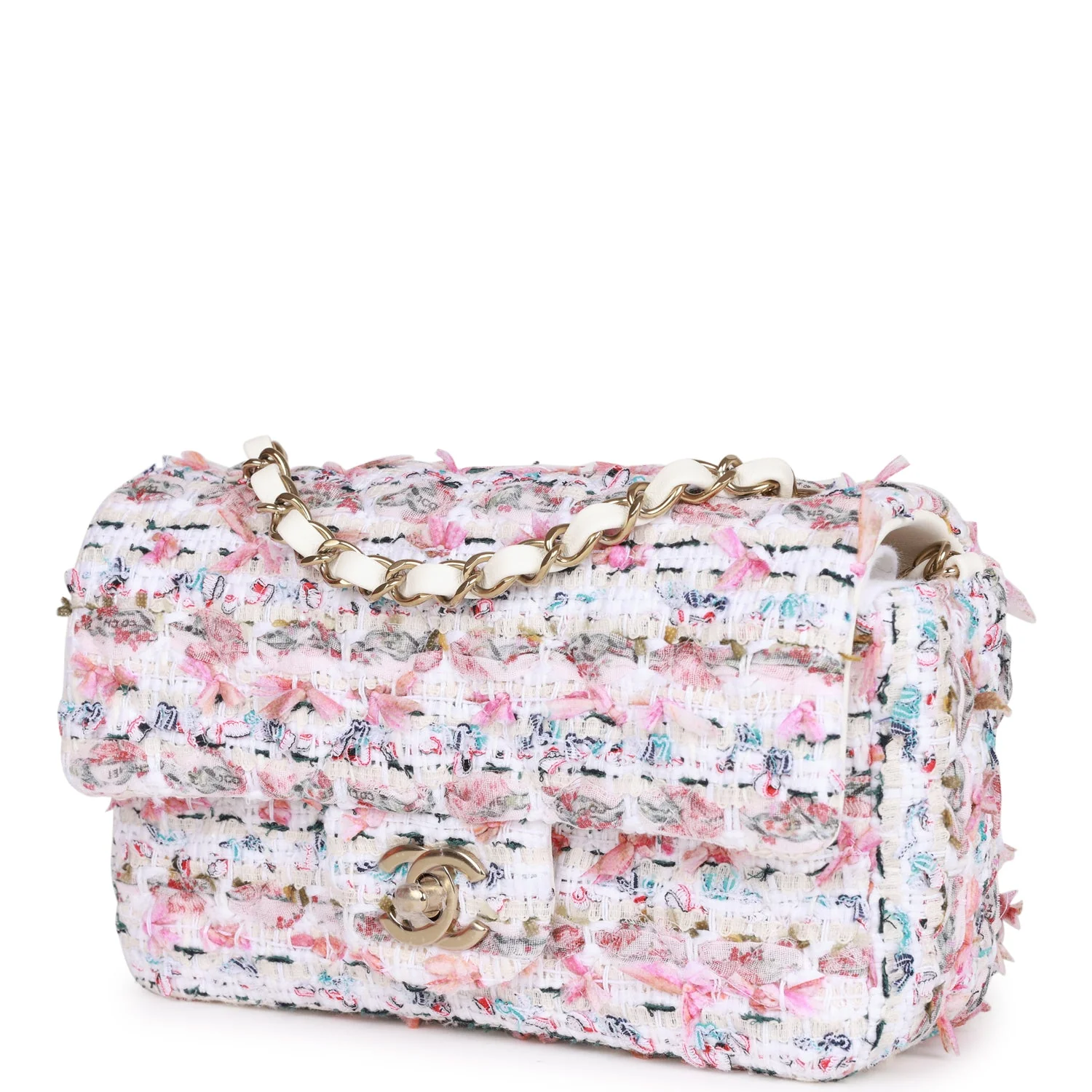 Chanel Mini Rectangular Flap Bag White Tweed Light Gold Hardware