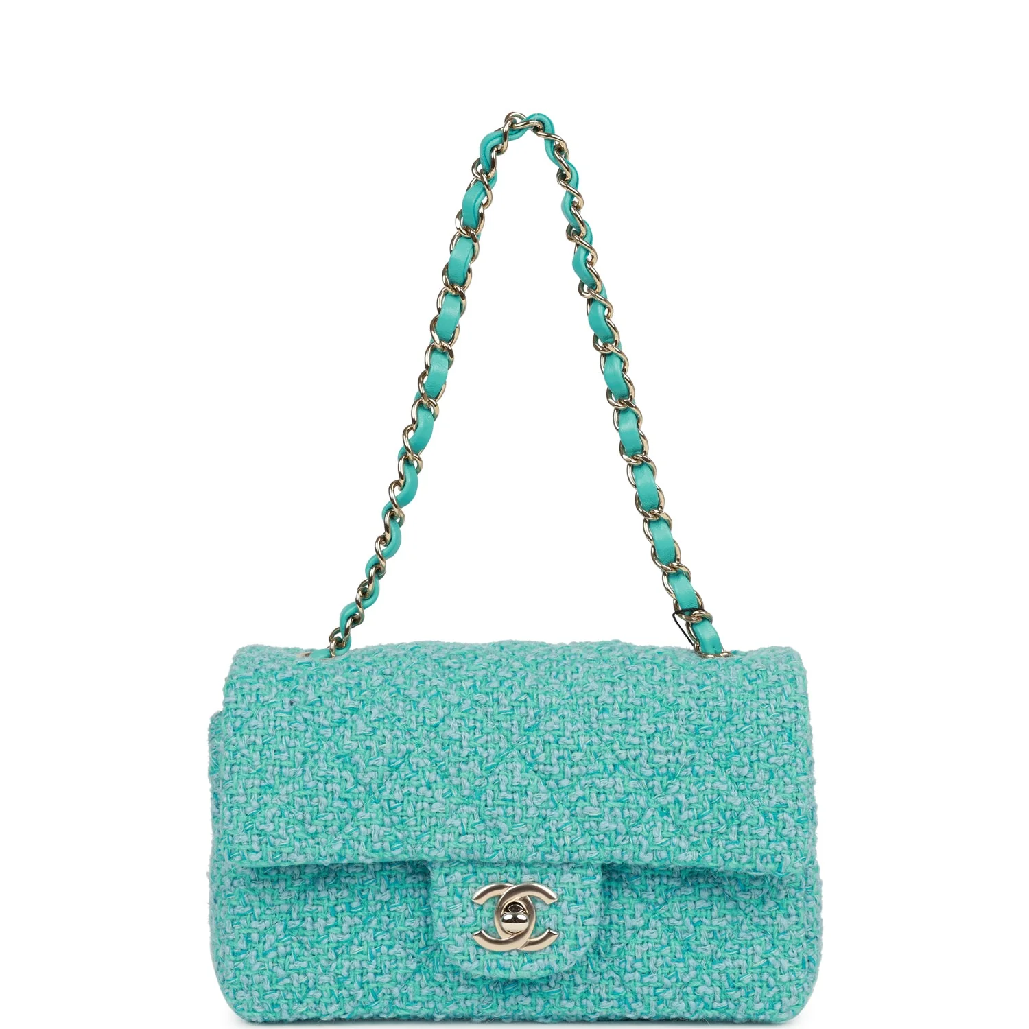 Chanel Mini Rectangular Flap Bag Blue Tweed Light Gold Hardware