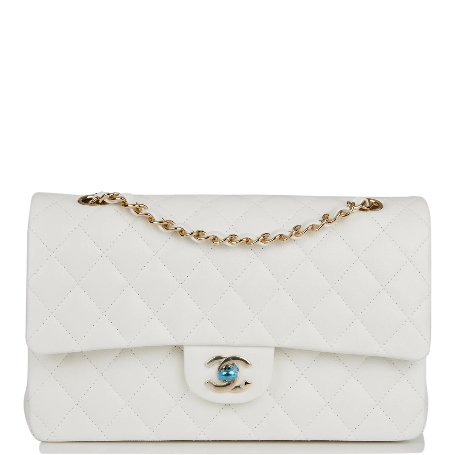 Chanel Medium Classic Double Flap Bag White Quilted Caviar Light Gold Hardware