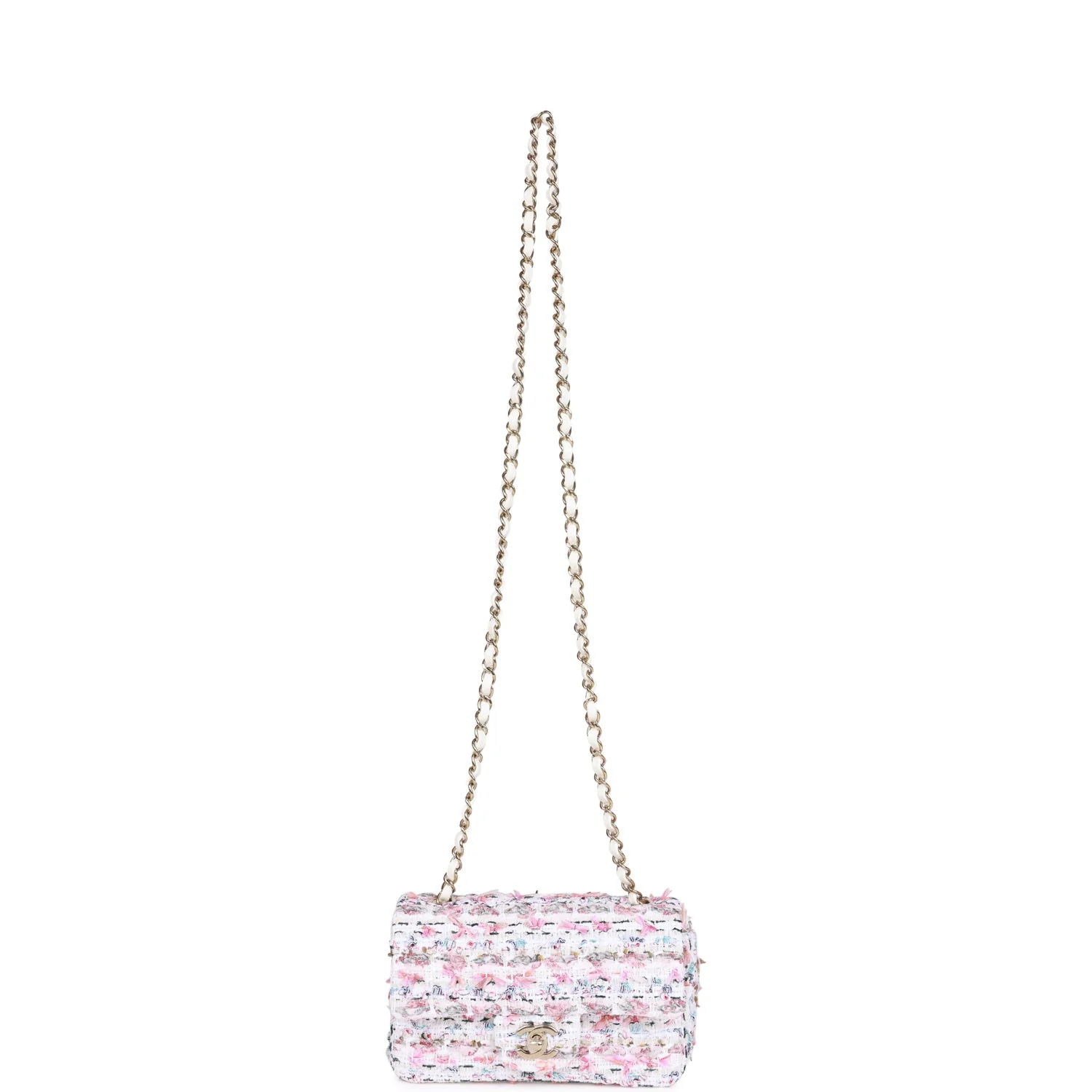 Chanel Mini Rectangular Flap Bag White Tweed Light Gold Hardware