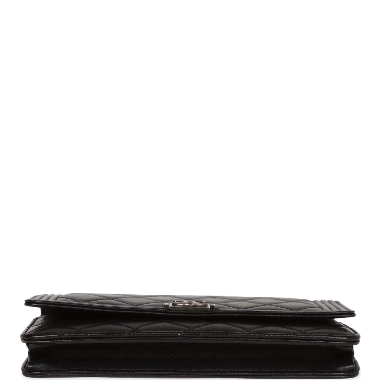 Pre-owned Chanel Wallet on Chain WOC Boy Black Lambskin Aged Silver Hardware