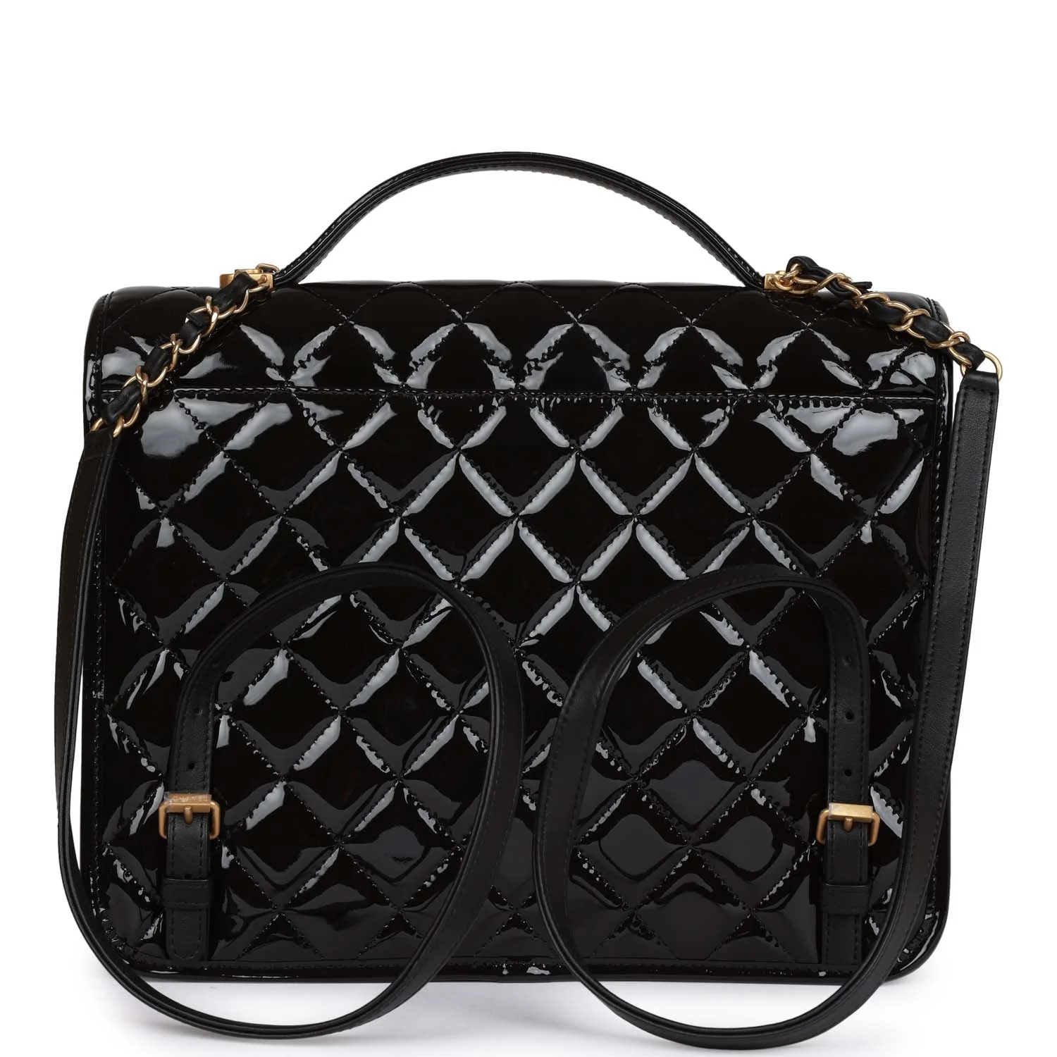 Chanel Large Flap Backpack Black Patent Antique Gold Hardware
