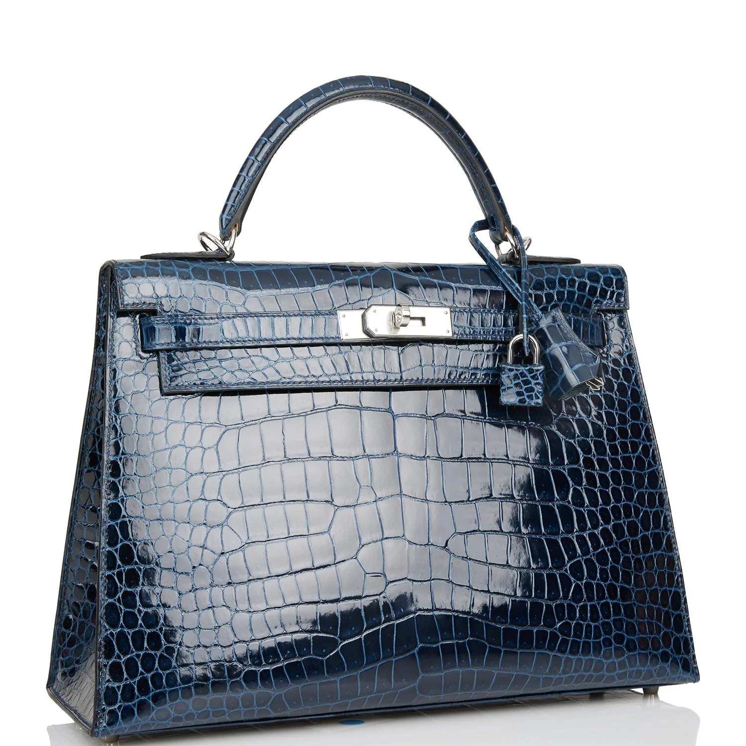 Hermes Kelly Sellier 32 Bleu Baltique Shiny Porosus Crocodile Palladium Hardware