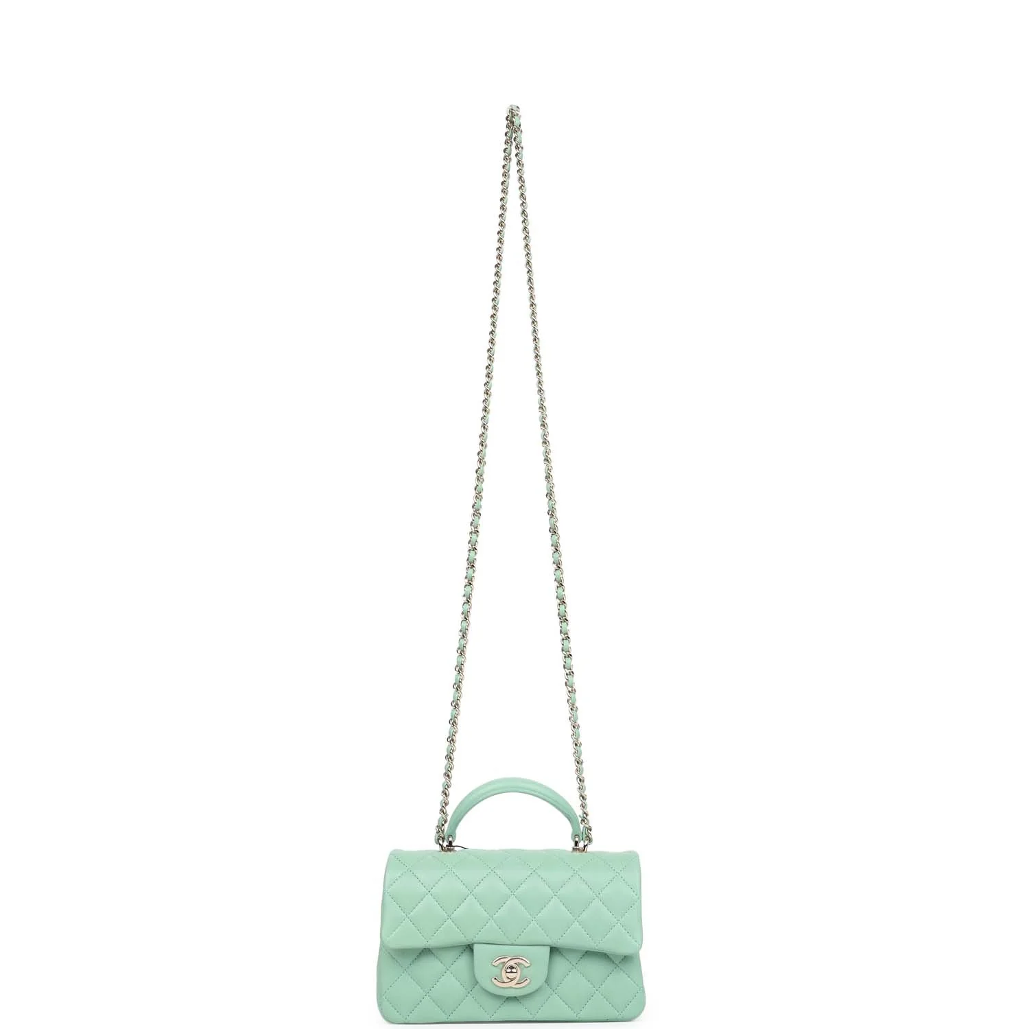 Chanel Mini Rectangular Flap with Top Handle Light Green Lambskin Light Gold Hardware