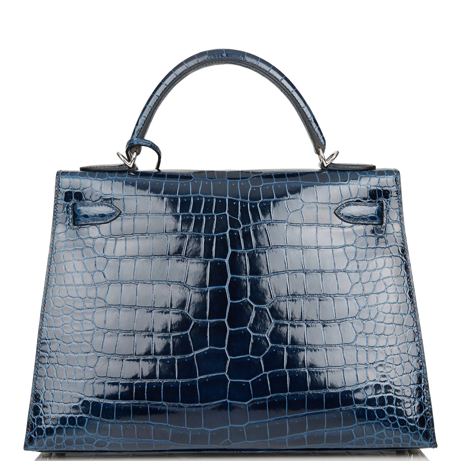 Hermes Kelly Sellier 32 Bleu Baltique Shiny Porosus Crocodile Palladium Hardware