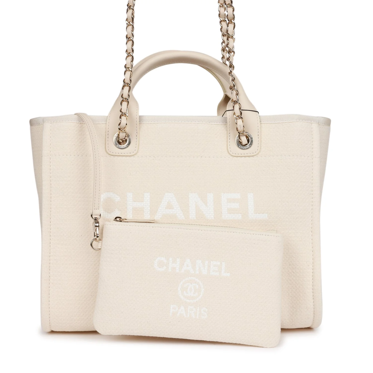 Chanel Large Deauville Shopping Bag White Boucle Light Gold Hardware