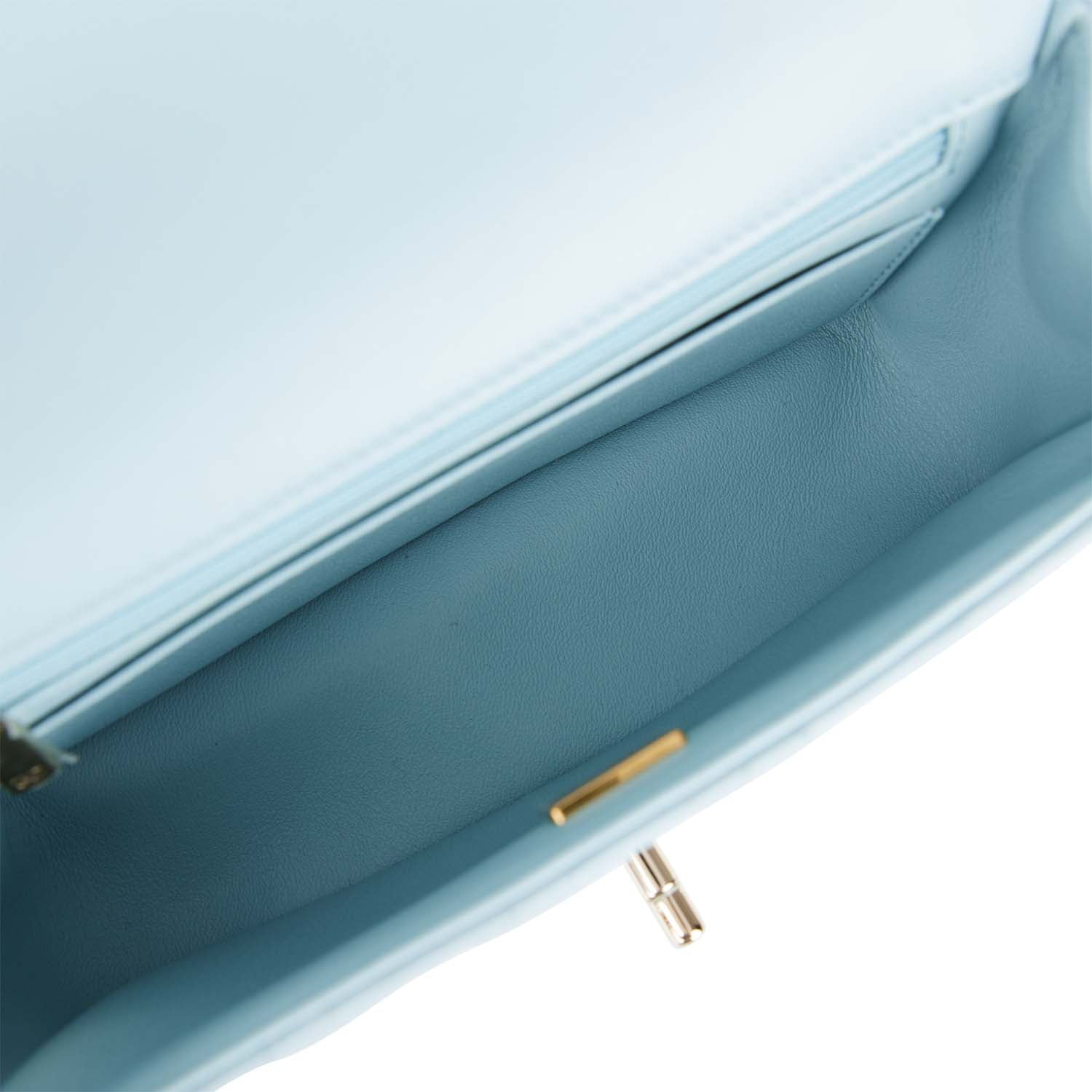 Chanel Mini Rectangular Flap with Top Handle Blue Lambskin Light Gold Hardware