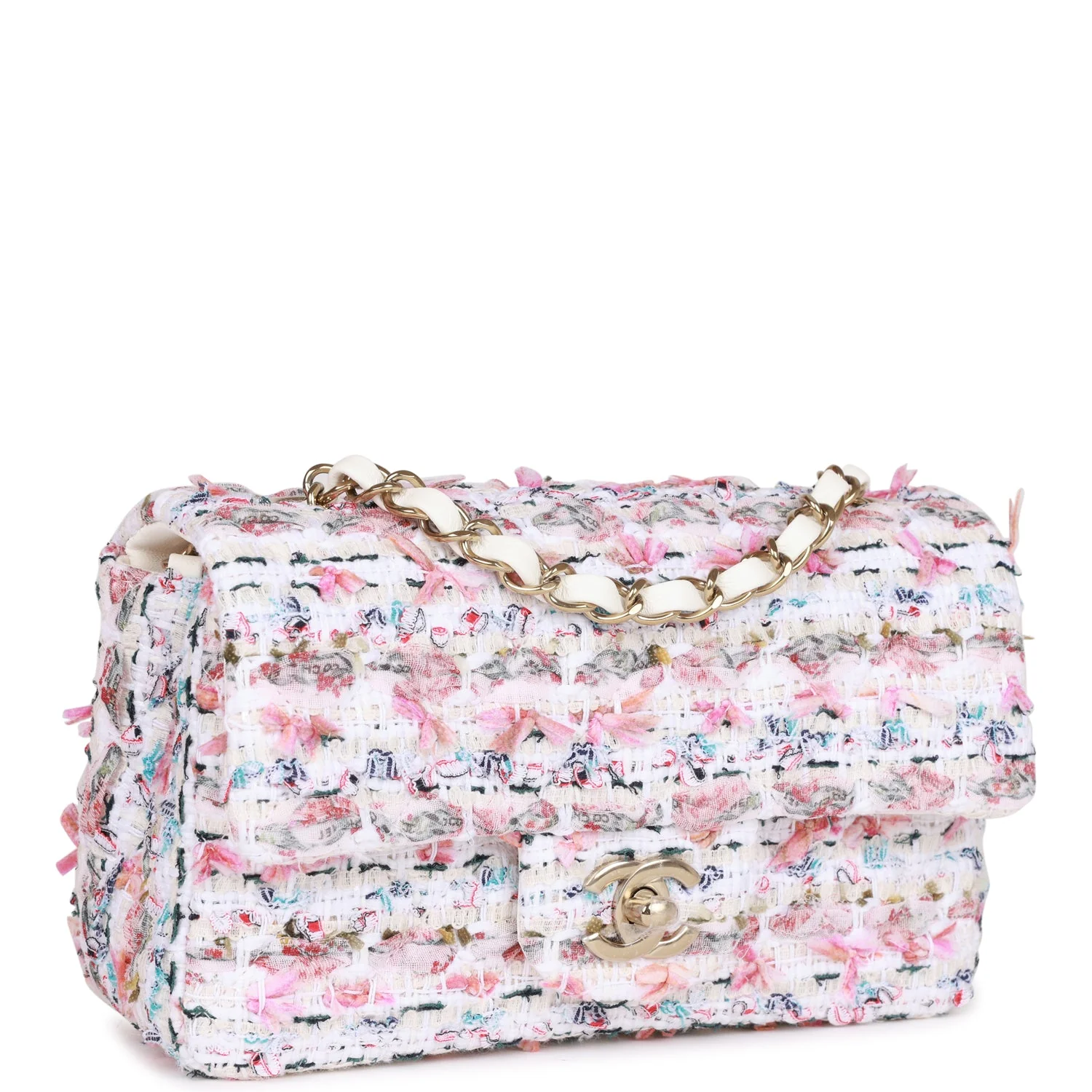 Chanel Mini Rectangular Flap Bag White Tweed Light Gold Hardware