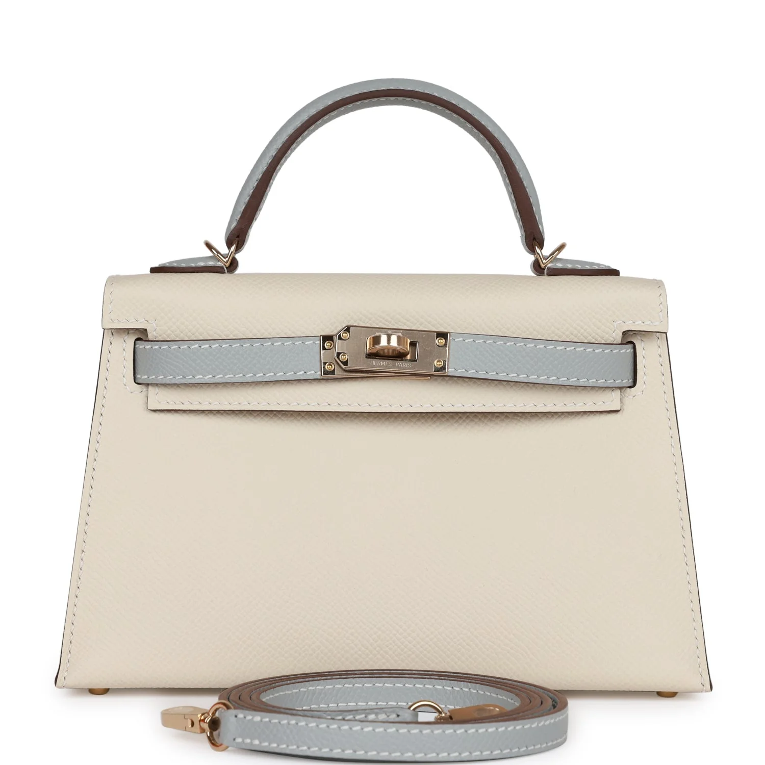 Hermes Special Order (HSS) Kelly Sellier 20 Craie and Bleu Lin Epsom Permabrass Hardware