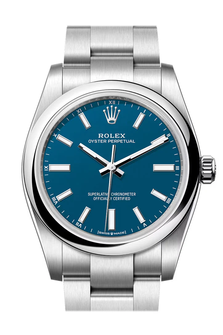Rolex Oyster Perpetual 34 Blue Dial Smooth Bezel Watch 124200