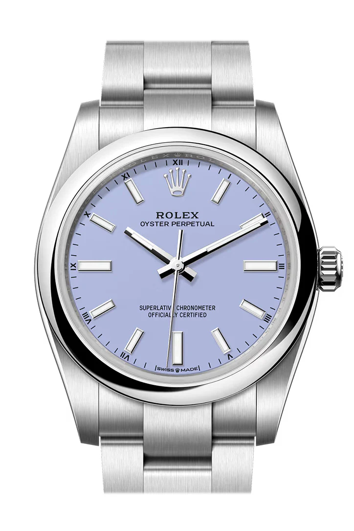 Rolex Oyster Perpetual 34 Lavender Dial Smooth Bezel Watch 124200