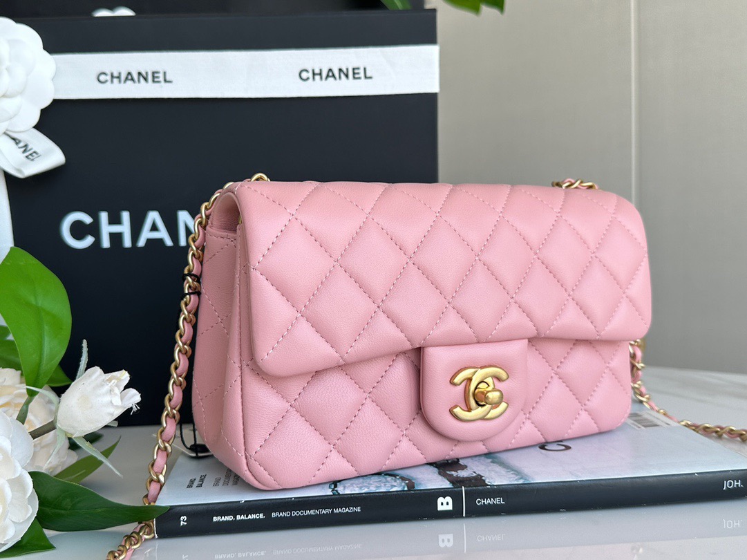 Chanel Mini Pearl Crush Rectangular Flap Dark Pink Lambskin Brushed Gold Hardware