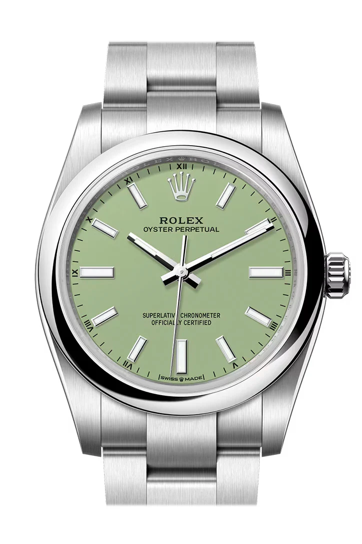 Rolex Oyster Perpetual 34 Pistachio-green Dial Smooth Bezel Watch 124200