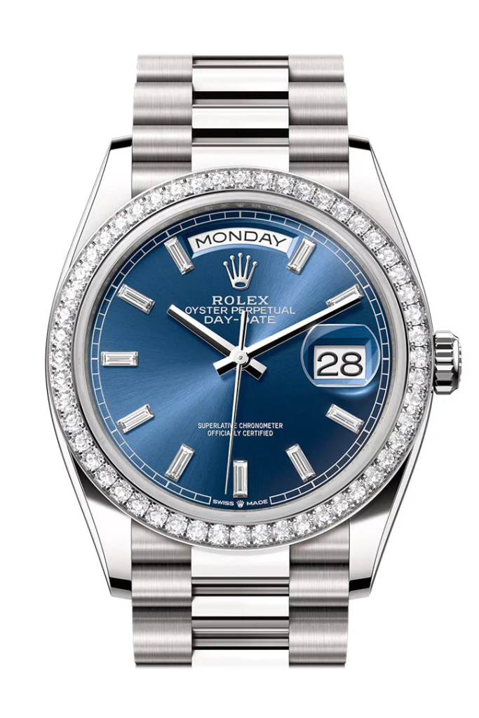 Rolex Day Date 36mm Bright Blue Diamond Dial Diamond Bezel White Gold President Bracelet 128349RBR