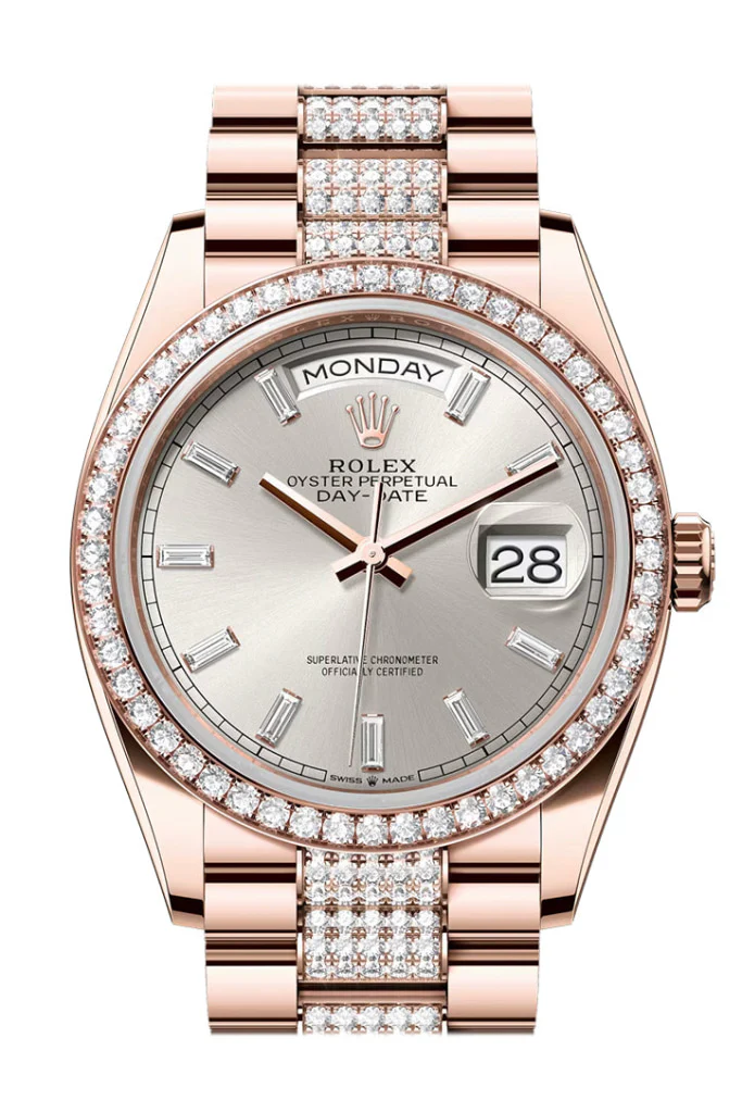 Rolex Day Date 36 Silver Diamond Set Dial Diamond Bezel Rose Gold President Diamond Bracelet 128345RBR