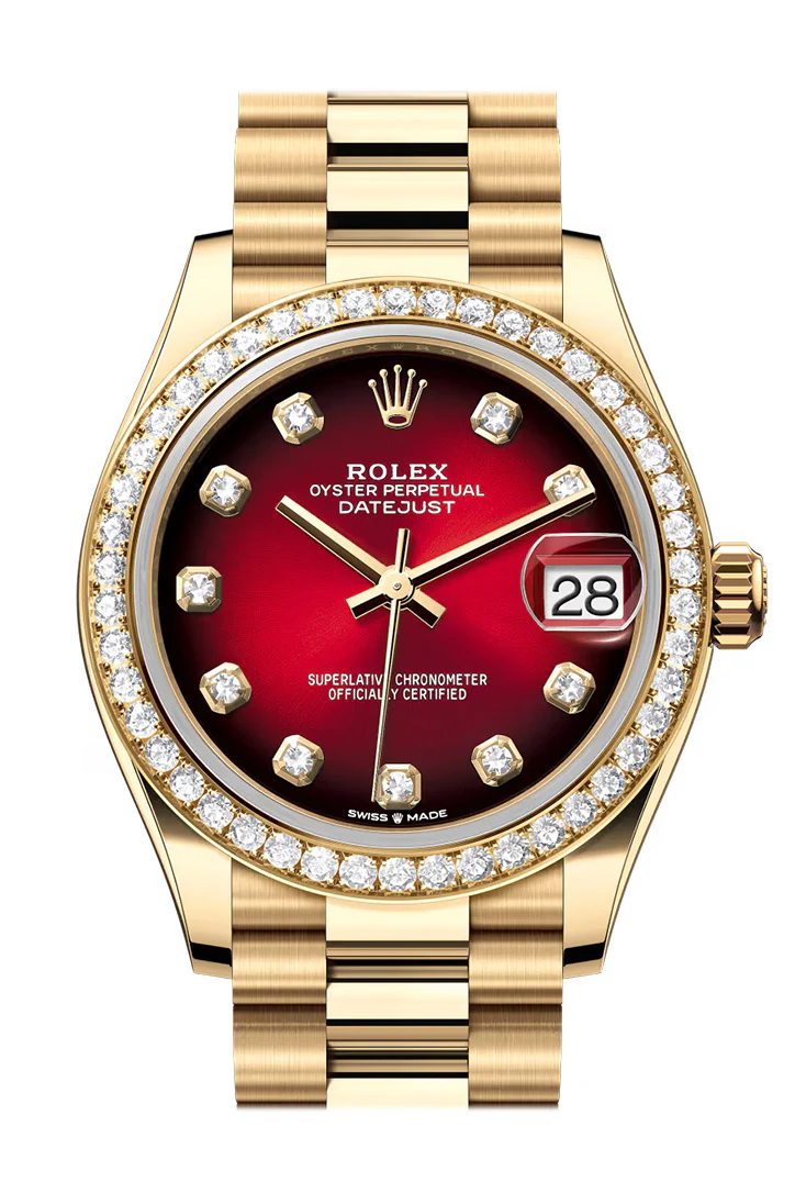 Rolex Date Just 31 Red Ombre Dial Diamond Bezel Yellow Gold Watch 278288RBR