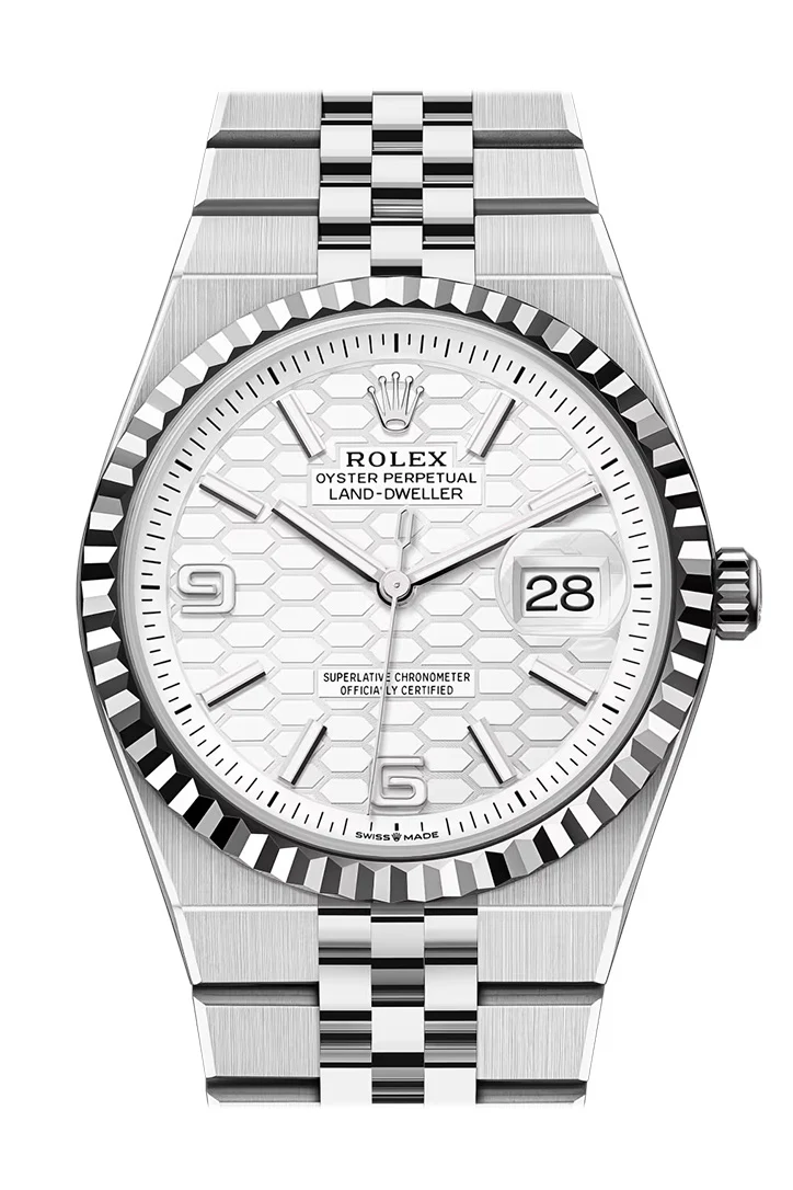 Rolex Land- Dweller 36 White Dial Fluted Bezel White Gold Watch 127234