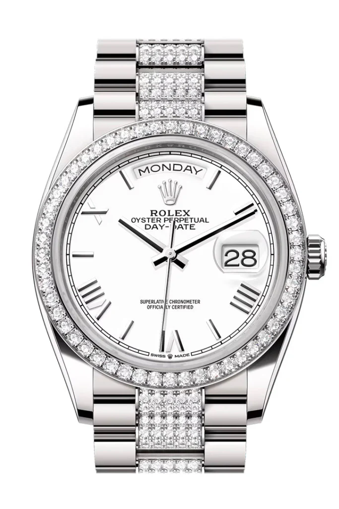 Rolex Day Date 36mm White Roman Dial Diamond Bezel White Gold President Diamond Bracelet 128349RBR