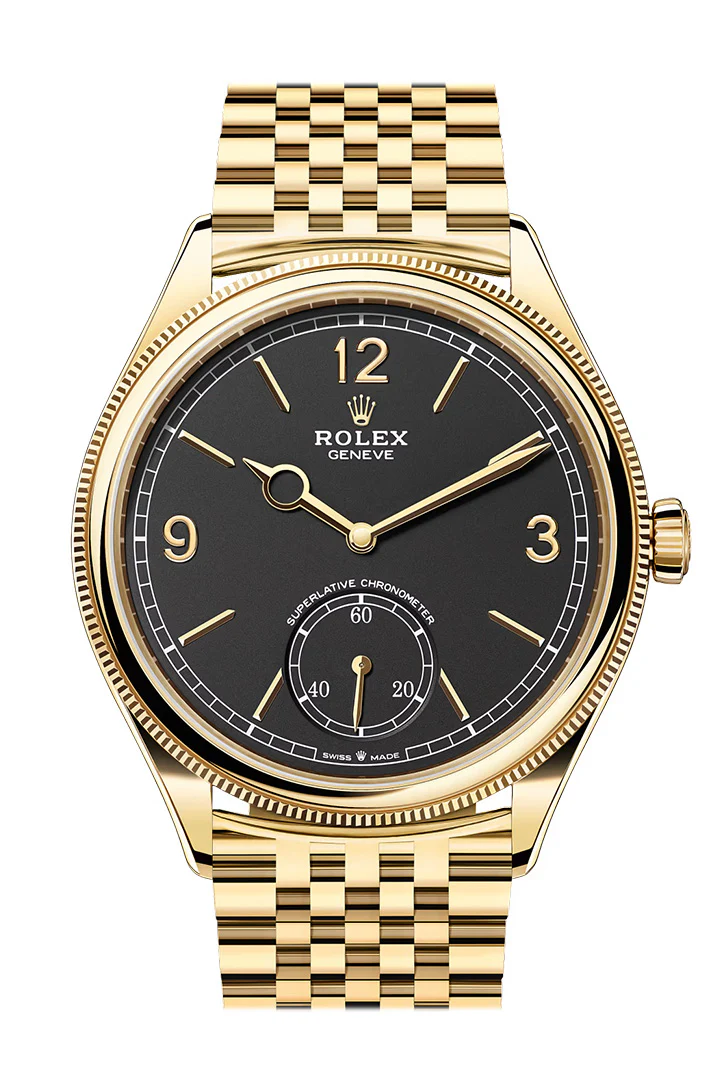 Rolex Oyster Perpetual 39 Black Dial Fluted Bezel Yellow Gold Watch 52508