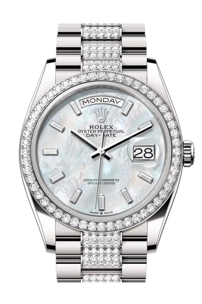 Rolex Day Date 36mm White MOP Diamond Dial Diamond Bezel White Gold President Diamond Bracelet 128349RBR