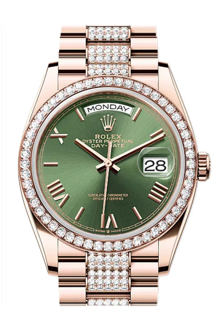 Rolex Day Date 36 Olive Green Diamond Dial Diamond Bezel Rose Gold President Diamond Bracelet 128345RBR-0086