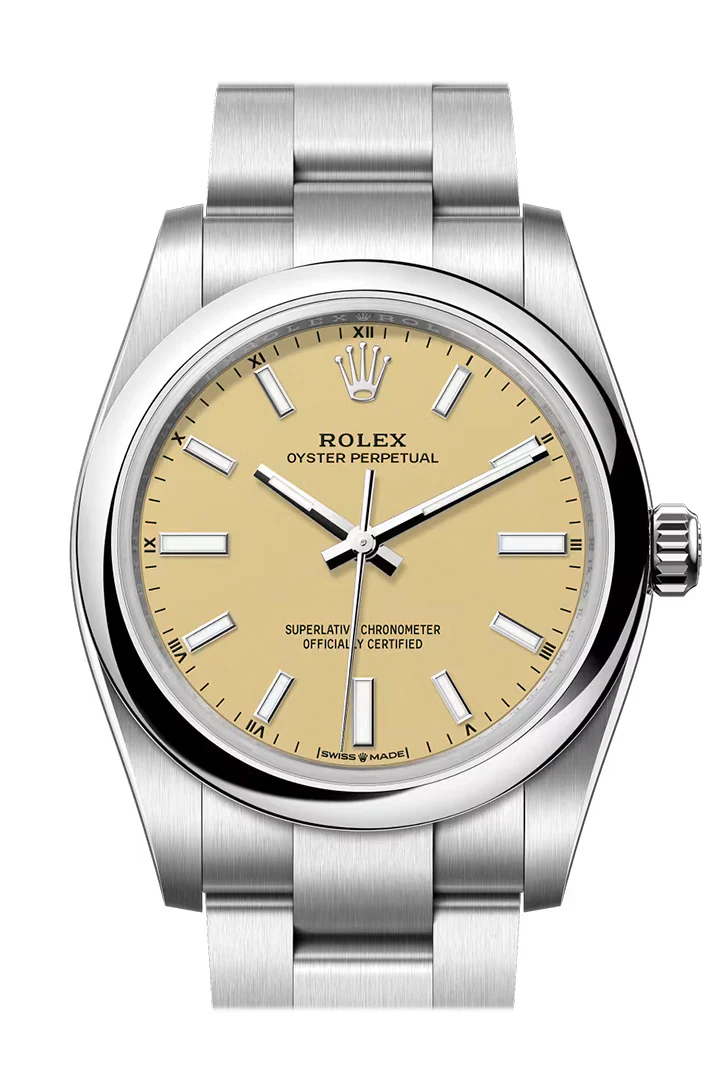 Rolex Oyster Perpetual 34 Beige Dial Smooth Bezel Watch 124200