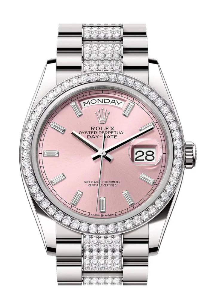 Rolex Day Date 36mm Pink Diamond Dial Diamond Bezel White Gold President Diamond Bracelet 128349RBR