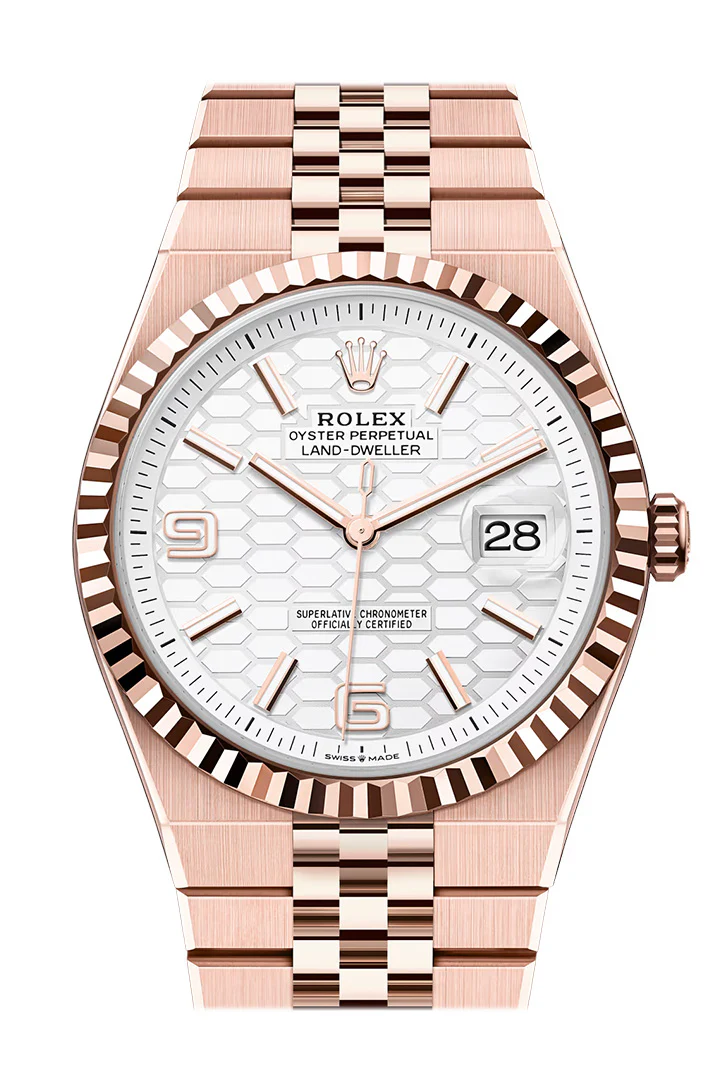 Rolex Land- Dweller 40 White Dial Fluted Bezel Rose Gold Watch 127335