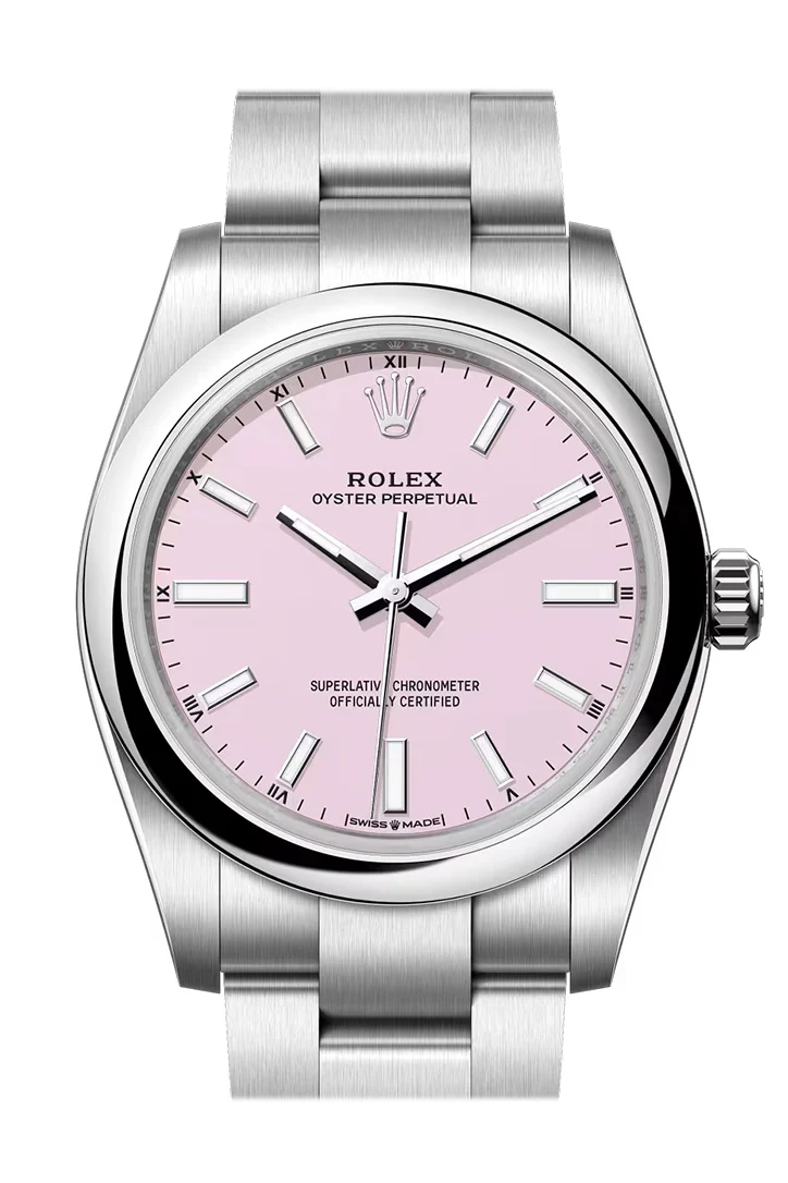 Rolex Oyster Perpetual 34 Candy Pink Dial Smooth Bezel Watch 124200
