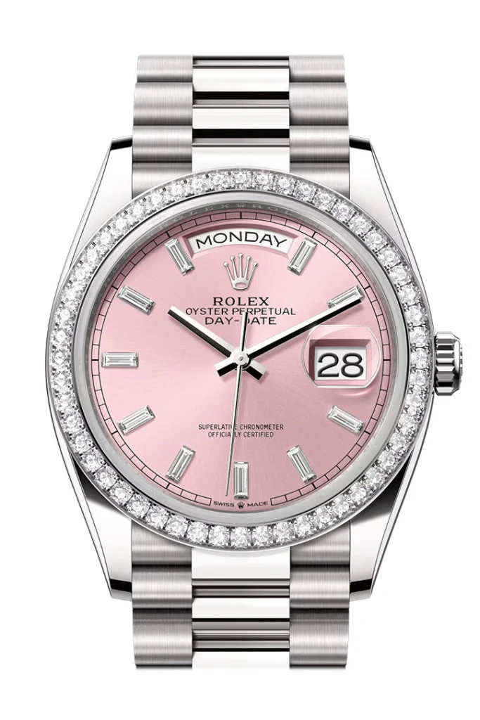Rolex Day Date 36mm Pink Diamond Dial Diamond Bezel White Gold President Bracelet 128349RBR