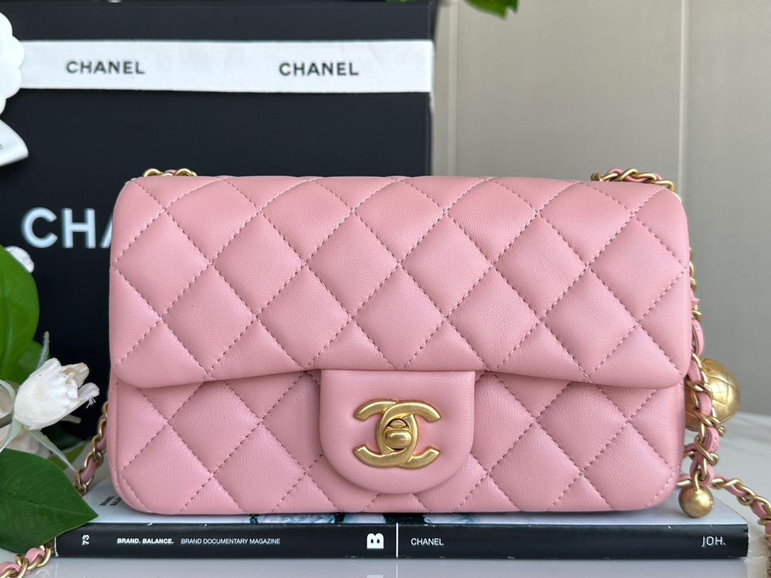 Chanel Mini Pearl Crush Rectangular Flap Dark Pink Lambskin Brushed Gold Hardware
