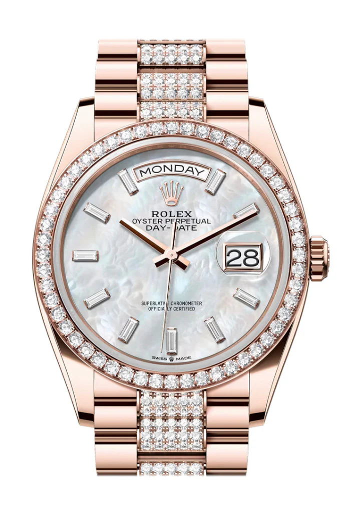 Rolex Day Date 36 White MOP Diamond Dial Diamond Bezel Rose Gold President Diamond Bracelet 128345