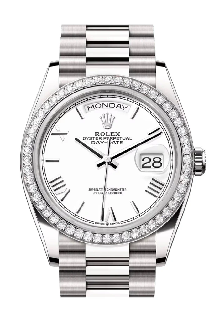 Rolex Day Date 36mm White Roman Dial Diamond Bezel White Gold President Bracelet 128349RBR