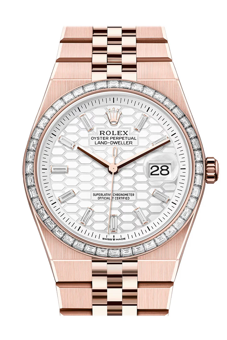 Rolex Land- Dweller 36 White Honeycomb Motif Dial Diamond Bezel Rose Gold Watch 127285TBR