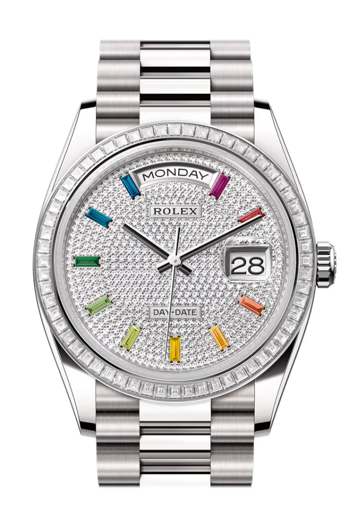 Rolex Day Date 36 Rainbow Diamond Dial Diamond Bezel White Gold President Bracelet  128399TBR 128399TBR-0005