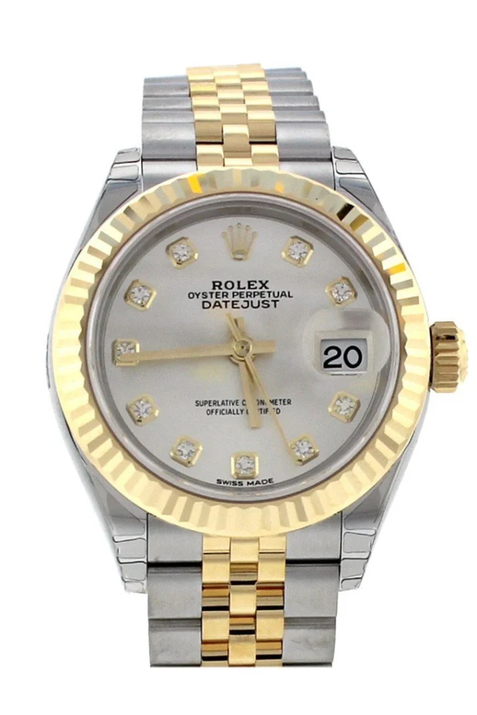 Rolex Datejust 28 Silver Diamond Dial Fluted Yellow Gold Two Tone Jubilee Ladies Watch 279173 NP Pre owned