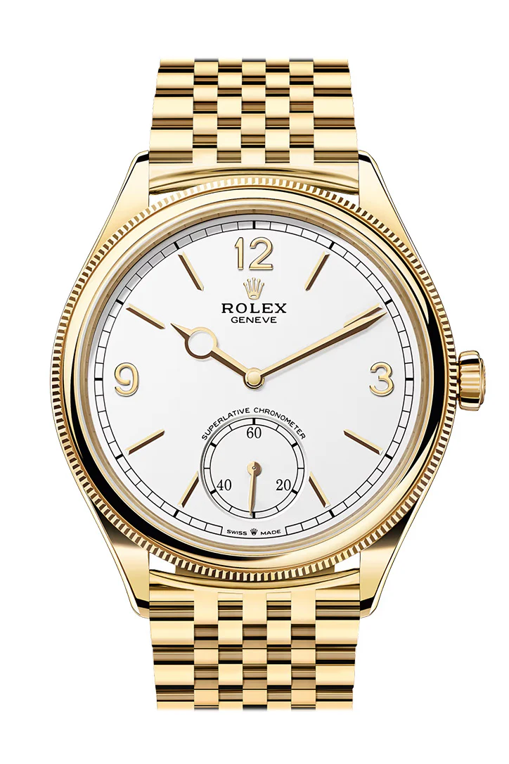 Rolex Oyster Perpetual 39 White Dial Fluted Bezel Yellow Gold Watch 52508