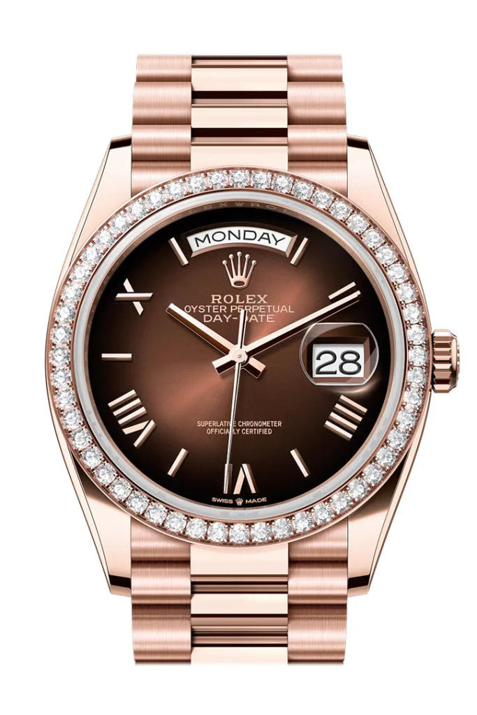 Rolex Day Date 36 Brown Ombre Roman Dial Diamond Bezel Rose Gold President Bracelet 128345RBR