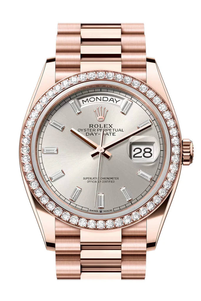 Rolex Day Date 36 Silver Diamond Set Dial Diamond Bezel Rose Gold President Bracelet 128345RBR