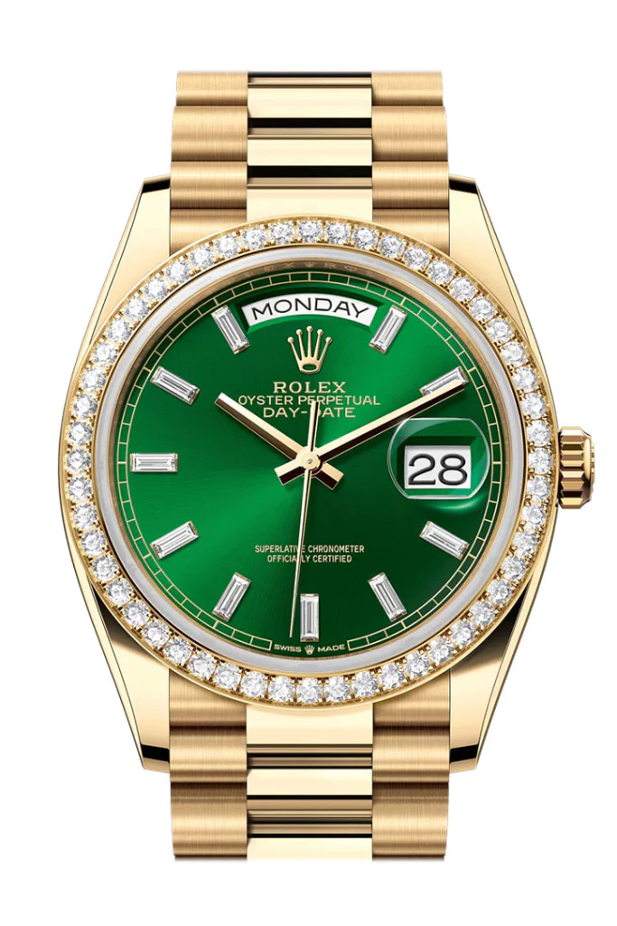Rolex Day Date 36mm Bright Green Diamond Set Dial Diamond Bezel Yellow Gold President Bracelet 128348RBR