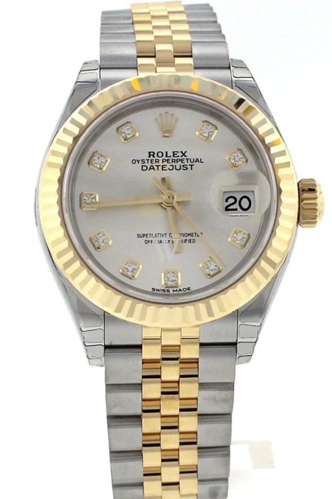 Rolex Datejust 28 Silver Diamond Dial Fluted Yellow Gold Two Tone Jubilee Ladies Watch 279173 NP Pre owned