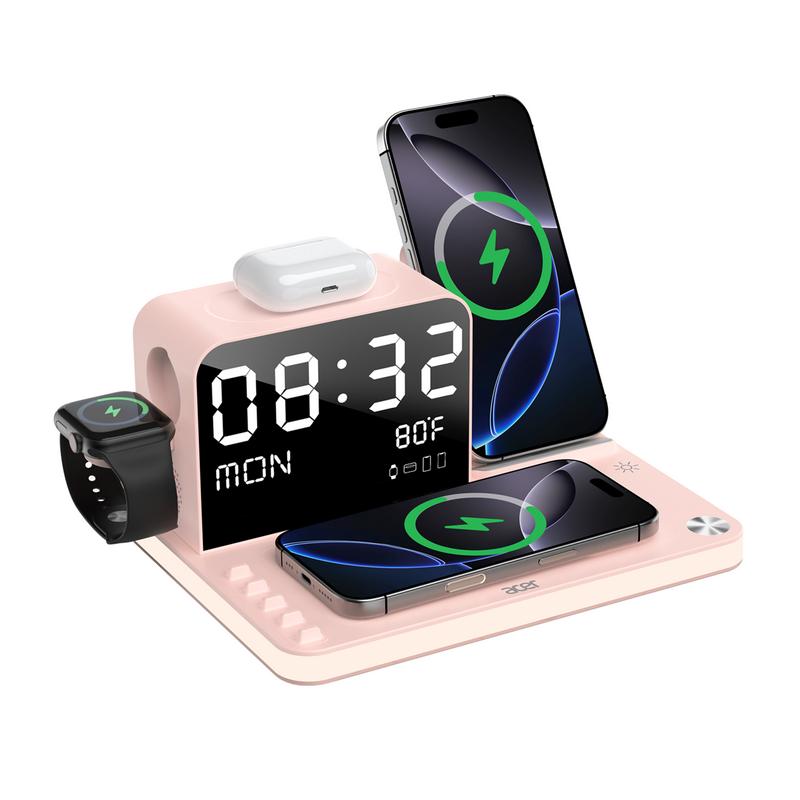 7 in 1 Wireless Charging Station, MagSafe Dual Phone Charger with Night Light, Bluetooth Timesync for iPhone 17 16 15 14 13 12 Series & AirPods & iWatch & Android Phone, Black USB Electronic Smartphone Cellphone Wireless Clock Charger Dealsforyoudays